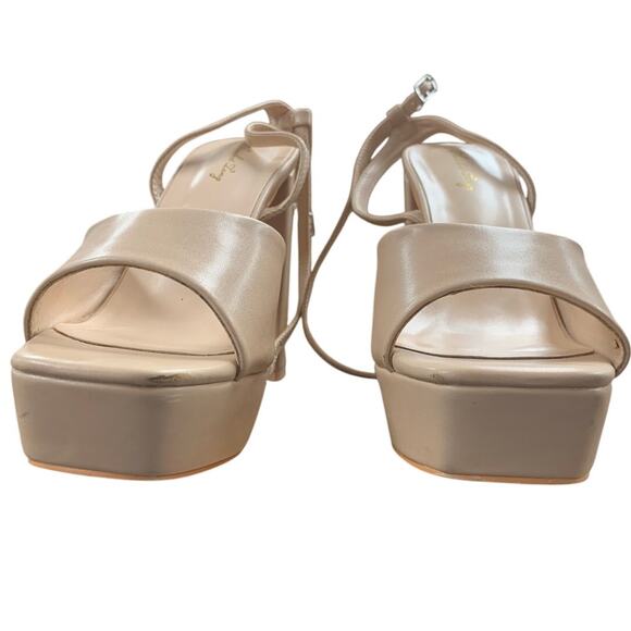 Elisabet Tang Womens Size 8.5 Tan 5" Block Heel Open Toe Ankle Strap Shoes - Picture 3 of 6